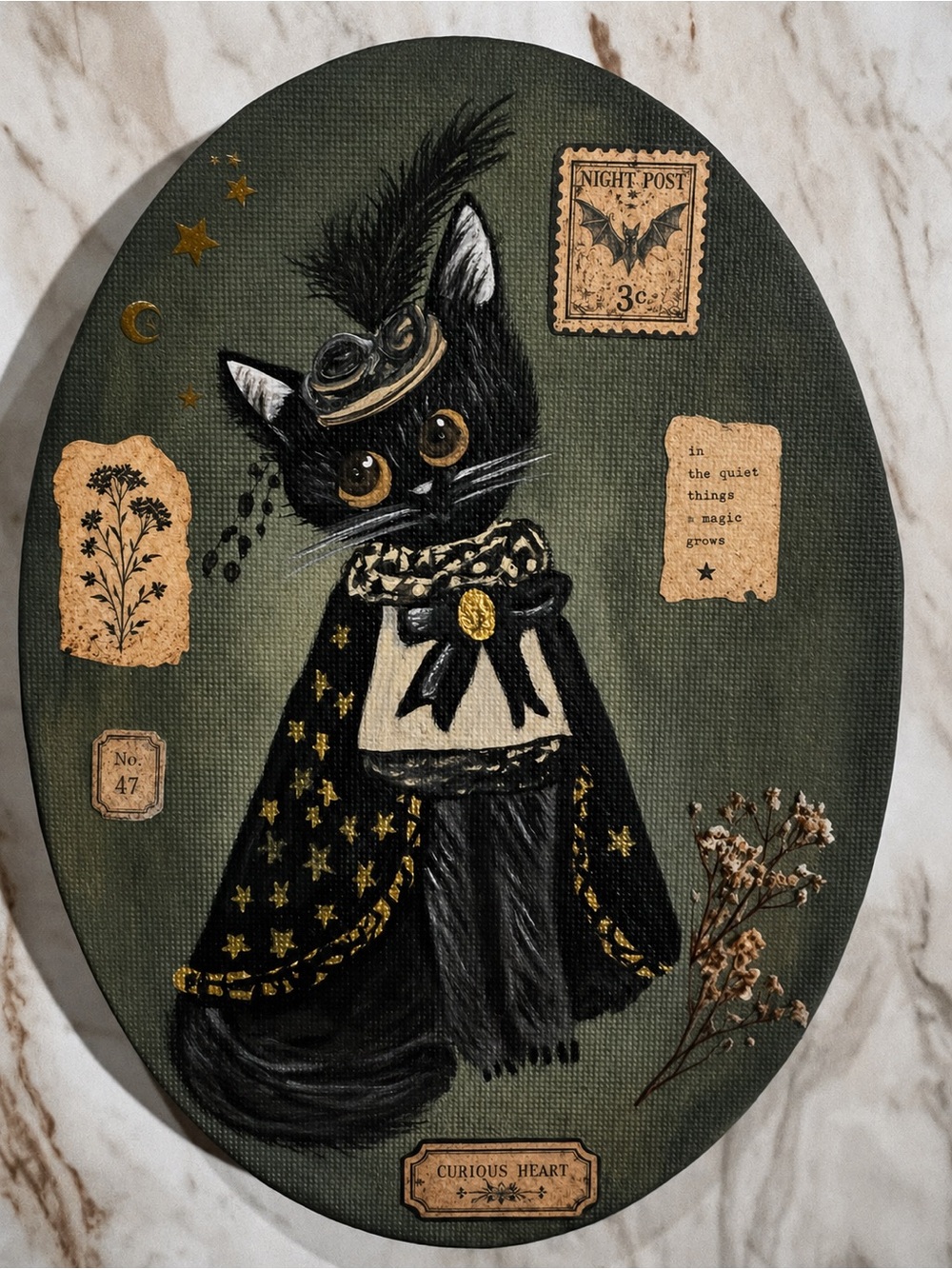Curious Heart – Original Whimsical Gothic Black Cat Mixed Media Art with Display